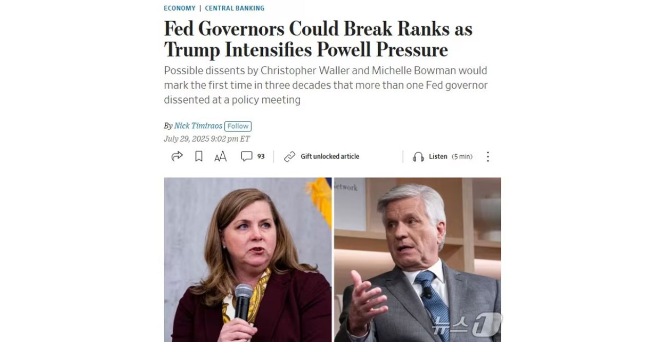 Two Trump‑appointed Fed governors may dissent as Trump ramps up pressure on Powell