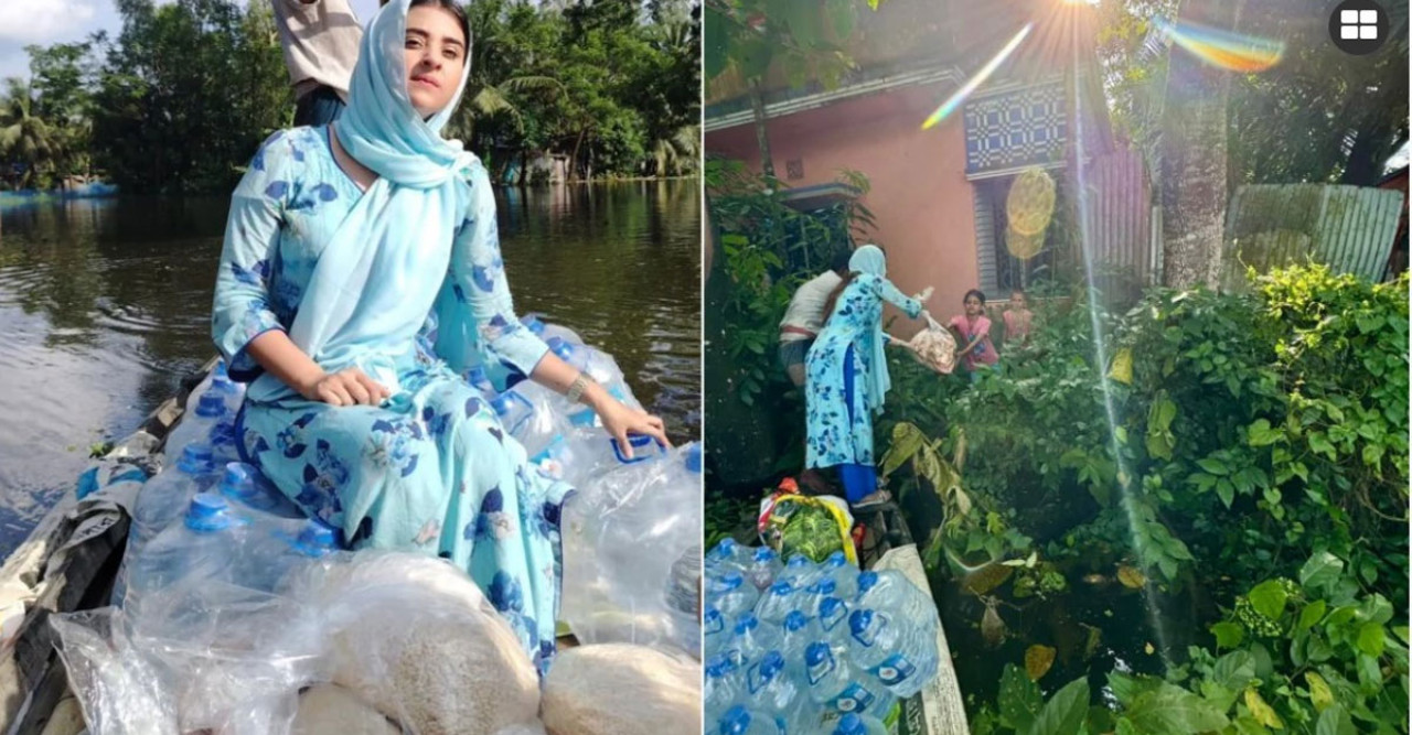নোয়াখালি বন্যা কবলিত এলাকায়  বুবলী, পৌঁছে দিচ্ছেন বিশুদ্ধ পানি